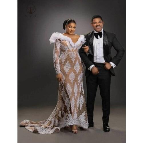 2021 Designer Wedding Dresses Pluging V Neck Ruffled Lace Long Sleeve Pearls Plus Size Robe De Mariee