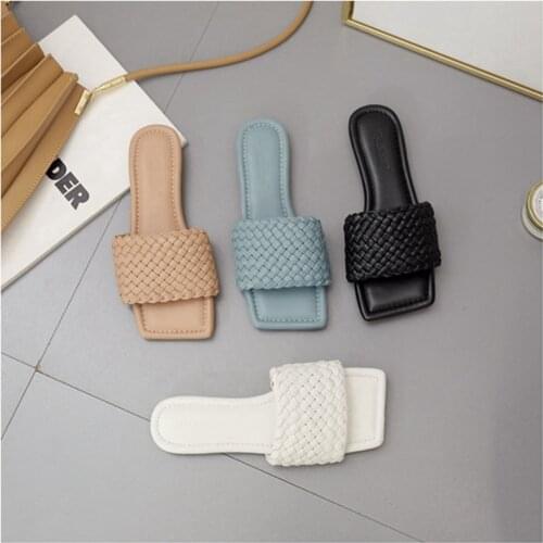 2021 Fashion Weave Summer Slippers Women Flat Heel Open Toe Slides Ladies House Outdoor Beach Sandal Casual Soft Flip Flops Shoe