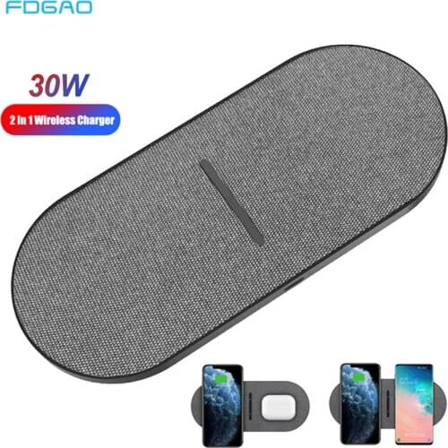 FDGAO 30W 2 in 1 Qi Dual Seat Wireless Charger for iPhone 12 11 XS XR X 8 Airpods Pro Samsung S21 S20 S10 Buds Fast Charging Pad