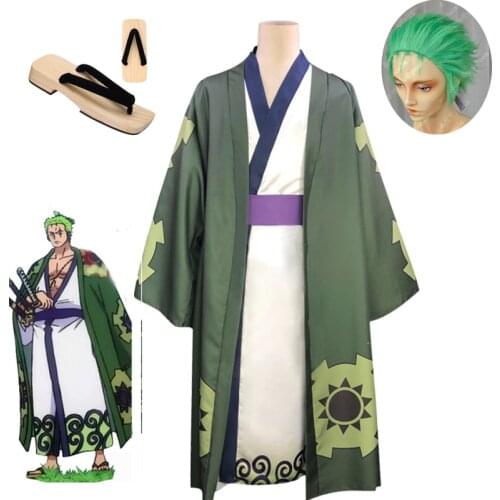 Anime One Piece Roronoa Zoro Cosplay Costume Kimono Robe Full Suit ONE PIECE Slicked-back green wig Short Layer Roronoa Zoro Wig