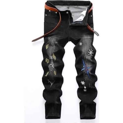 Fashion Hipster Hip Hop Streetwear Print Jeans Mens Slim Straight Denim Pants Embroidery Personality Male Casual Cowboy Trousers