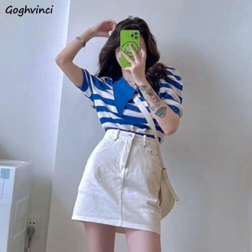 Sweet Women Sets Classic Striped Short Puff Sleeve Peter Pan Collar Tops Simple Solid A-line Skirts All-match Trendy Vintage Ins