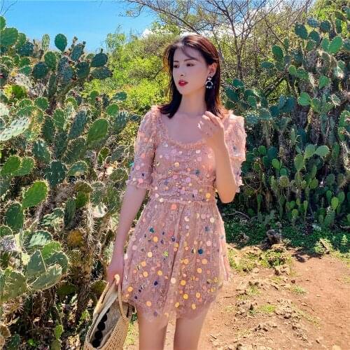 Summer Women Mini Dress Half sleeves Square Neck Bodice Lined Double Layer Lace Short Dress Paillettes Sequined Femme Vestidos