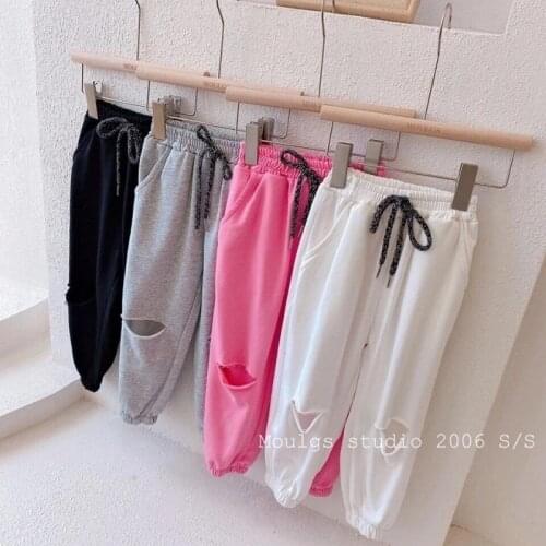 Fashion Baby Boy Girl Jogging Pants Ripped Hole Toddler Teen Child Loose Trousers Long Baby Girls Loose Pant Clothes 3-14Y