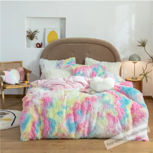 Fluffy Velvet 27 Colors Bedding Set Fleece Duvet Cover Flat Fitted Sheet Pillowcases Twin Full Queen King size Customizable