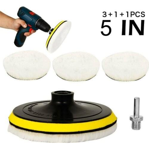 5pcs 5X Inch Wool Polishing Pads Buffing Wheel Mop Kit Polish Pad With Hook Loop For Car Polisher Drill Adapter Accessories
