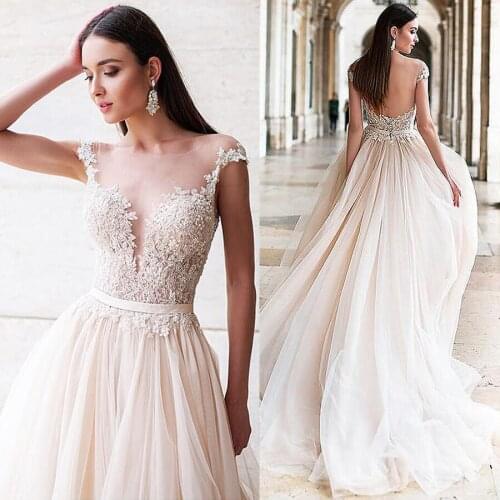 Fascinating Tulle Bateau Neckline A-line Wedding Dresses Champagne Applique Elegant Bridal Dress with Open Back