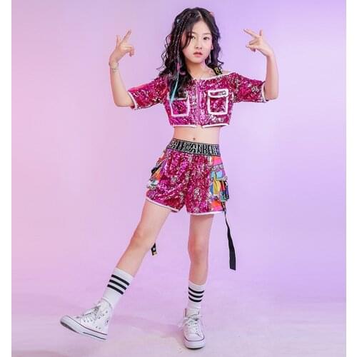 Hip Hop Clothes For Girls Sequins Rose Shirt Tops Short Pants Carnaval Costumes For Kids Jazz Ballroom Dancing Clothes Wear