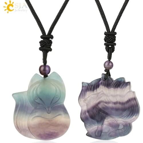 CSJA Natural Stone Fluorite Pendants & Necklaces Engraved Nine-tailed Fox Rose Flower Carved Reiki Lucky Pendant Women Men G286