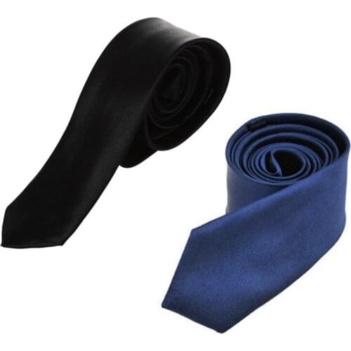 Polyester Narrow Neck Tie Skinny Solid Dark Blue Thin Necktie for Men (2 inch Max Width) & Black Polyester Skinny Necktie Neckti