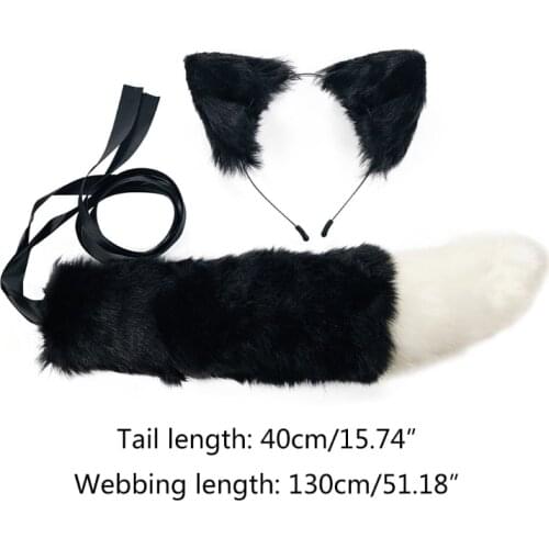 Adult Kids Simulation Plush Wolf Cat Ears Headband Bandana with Furry Long Tail Set Anime Cosplay Costume Accessories