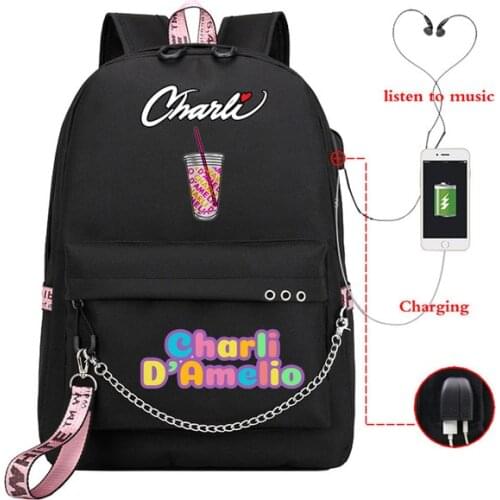 Vogue Charli Damelio USB Charging Backpack Women Canvas Travel Knapsack Students Boys Girls Teens School Bag Mochila Escolar