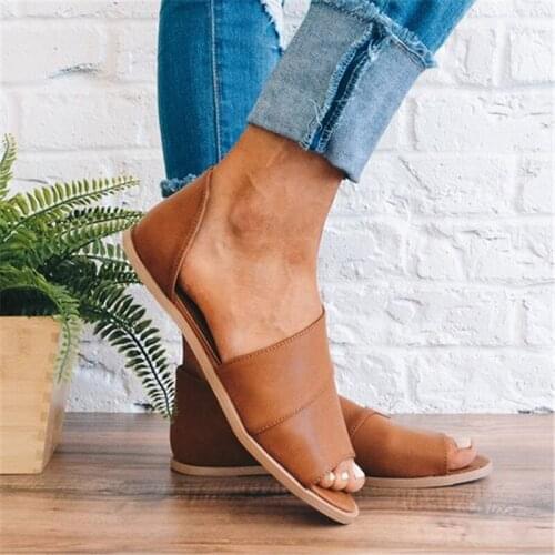 PU Leather Casual flat sandals women 2019 Summer shoes women Concise Peep Toe Slip-On sandals Hollow gladiator sandals women