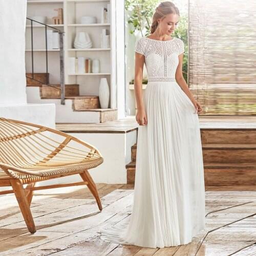Boho Chiffon Wedding Dresses Appliques Lace O-Neck Short Sleeve Open Back A-Line Bridal Gowns Sweep Train Robe De Mariee 2021