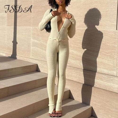 FSDA Knit Long Sleeve Jumpsuit Sexy Women Black V Neck Skinny Overalls Casual 2021 Autumn Winter Club Y2K Fashion Party Playsuit