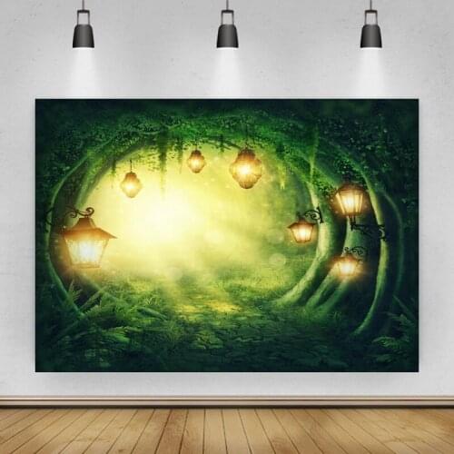 Green Forest Dreamy Hanging Lanterns Backdrop Photo Background Vinyl Children Portrait Photography Photocall Booth Props
