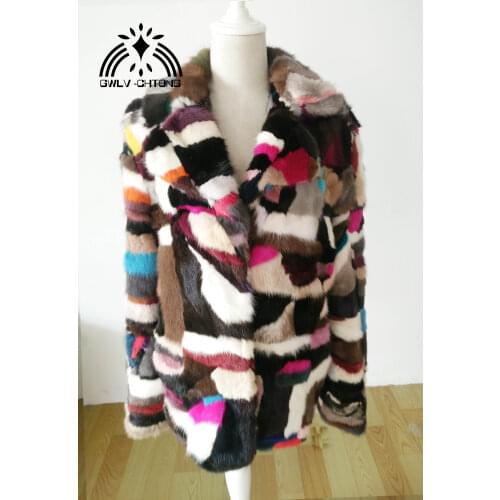 New real natural genuine mink fur coat turn-down collar womens fashion colorfull multi-color fur jacket custom any size