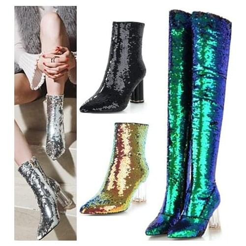 Catwalk bling bling crystal sequins woman ankle boots chunky high heel sexy nightclub stage Shiny fish scales woman boots 43