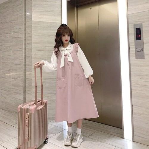 Sleeveless Strap Dress Set Women Japan Style College Sweet Pink Simple Girls Dresses All-match Summer Fashion Femme Clothes Y169