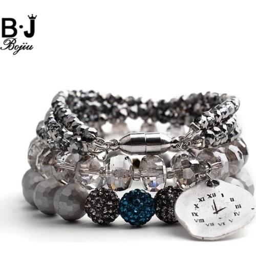 BOJIU Vintage Grey Clear Crystal Charm Bracelet Round Silvery Label Bracelet For Women New Bracelets Set Femme Jewelry BCSET109