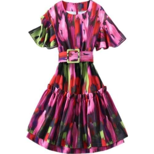 2021 Ladies Runway Fashion Retro Red Green Oil Painting Printed Dress Mini Ruffled O-Neck Flared Sleeve Beach Dress with Belt