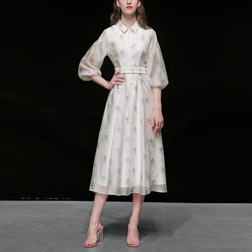 White Pink Chiffon Long Dresses Women Summer Fashion Elegant Turn-down Collar Floral Dress Big Lantern Sleeve Sweet Swing Dress