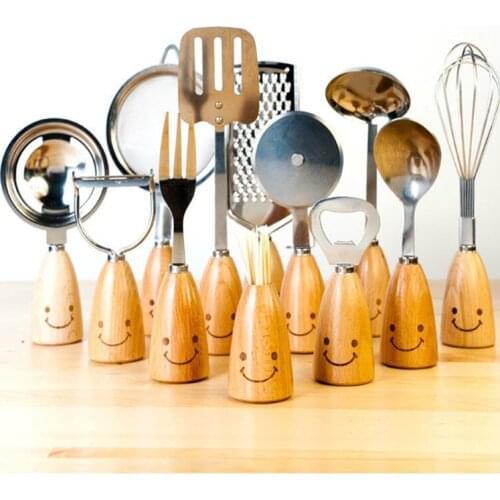 Environmentally friendly stainless steel smiling beech tableware kitchen baking wooden handle fork spoon shredder whisk