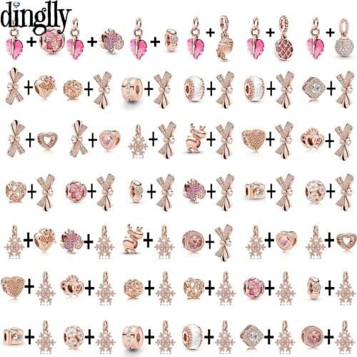 Dinglly 2pcs Bow Beaded Snowflake Pendant Rose Gold Dangle Charm Fit Diy Bracelets & Necklace Fine Womens Jewelry Accessories