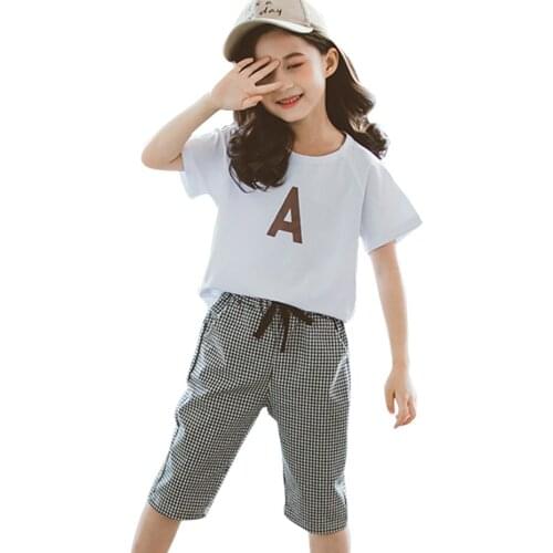 Girls Clothes Letter Tshirt + Plaid Short Teenage Girls Clothing Letter Big Girls Clothes Summer Costumes For Children