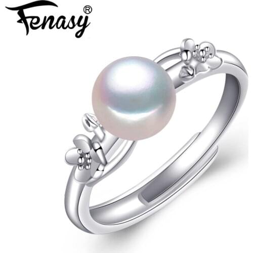 FENASY Natural Freshwater Pearl Rings For Women Romantic Cute Flower 925 Sterling Silver Party Ring