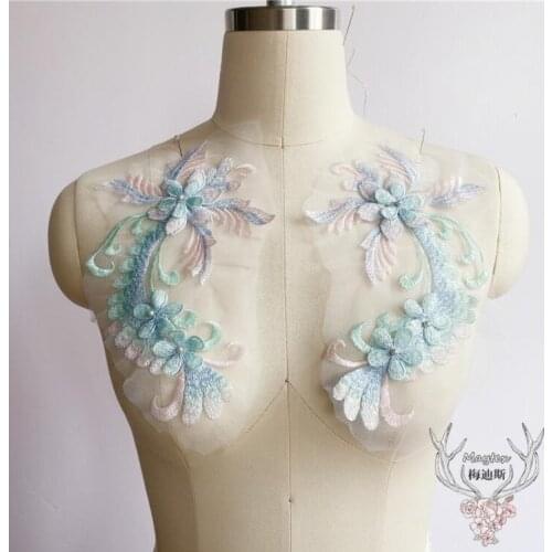 1 Piece Gorgeous Lace Patch Light Green Blue 3D High Quality Bead Lace Applique DIY Wedding Garment Decoration