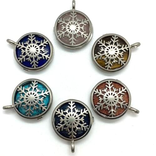 Natural Stone Pendant Round Tiger Eye Stone Blue Green Pink Crystal Hollow Carved Snowflake Copper Shell for DIY Jewelry Making