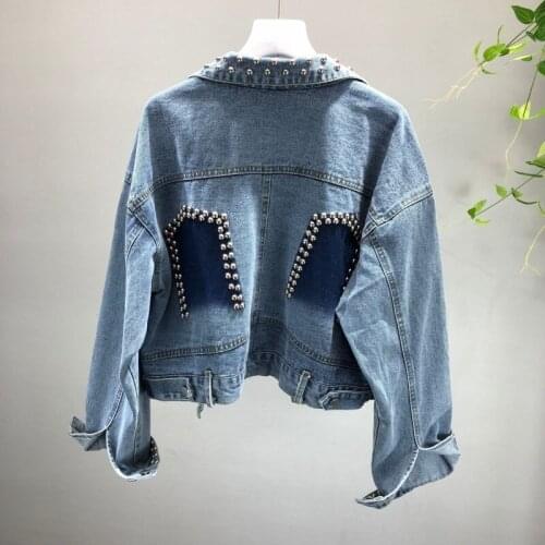 Korean Rivet Beading Jeans Jacket Women New Fashion Harajuku Loose Denim Jacket Ladies Lapel Single Breasted Short Coat Female