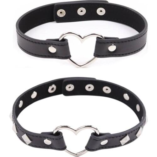 PU leather Metal Heart Lock Neck Collars Bondage Restraints Neck Strap Sex Toys For Women Punk Rivets Necklace BDSM Erotic Toys
