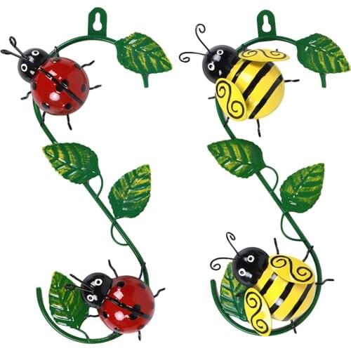 Cute 3D Metal Bee With Green Leaf Wall Decor Art Decorative Sculpture For Garden Walls Fences Balconies Corridors