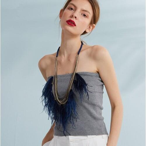 Ostrich Feather Layered Vintage Jewelry Christmas Collation Chain Necklaces Party Long Necklace Lace Up