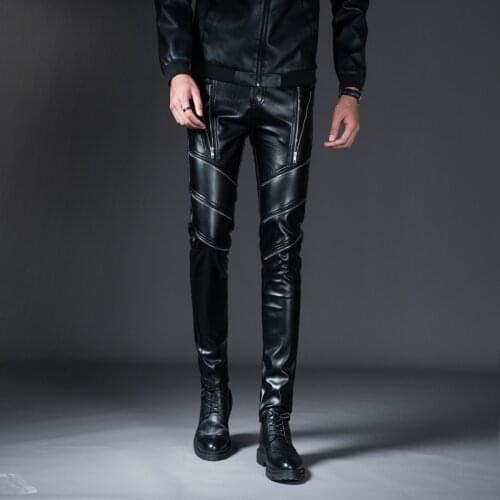 2021 Mens Multi-Zipper Leather Pants Teenagers Windproof Warm Slim Feet PU Leather Pants