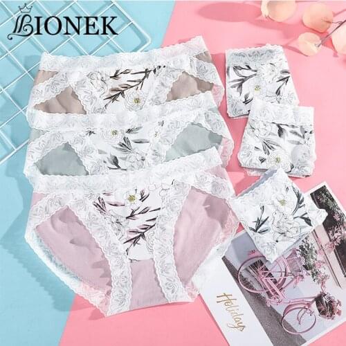 BIONEK 2021 Women New Mid-Waist Printed Underwear Cotton Antibacterial Ladies Panties Girls Seamless Lace Floral Sexy Briefs