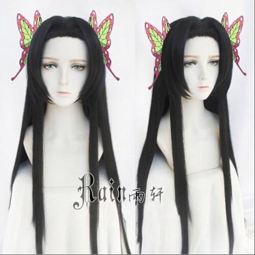 High quality Kochou Kanae Black Long Wig Anime Blade of Demon Slayer Heat Resistant Synthetic Hair Wigs + Free Wig Cap