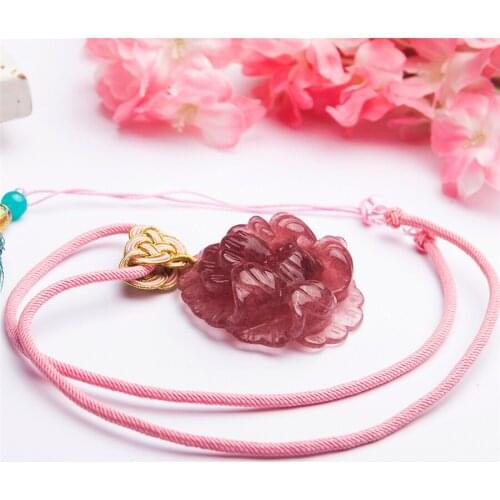 Genuine Natural Red Strawberry Quartz Sculpture Flower Shape Women Charm Necklace Pendant Diameter 45mm