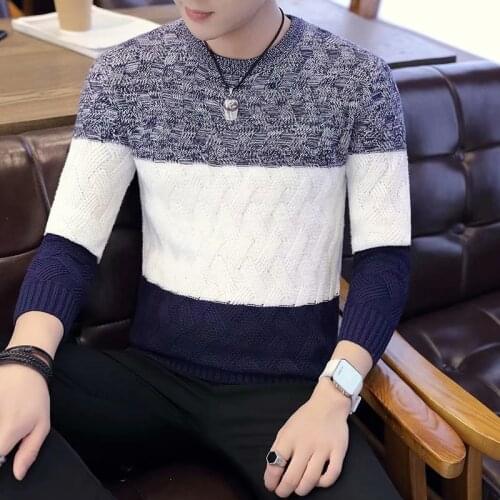 New Korean version Pullover mens T-shirt sweater round neck slim fit color matching long sleeved sweater coat