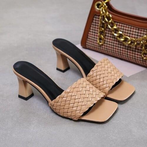 New Square High Heels Slippers Summer Women Square Toe Sandals Ladies Pu Leather Plaid Outside Female Fashion Woman Shoes Mulesj