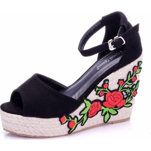 Women sandals wedding Party banquet Flock Buckle Strap 11CM Wedges High Heels Round Toe women shoes zapatos de mujer women shoes