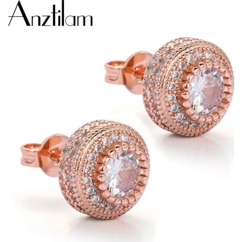 Hip Hop Paved Setting AAA CZ Stone Bling Iced Out Stud Earring Male Round Earrings for Men Rapper Jewelry Gold Silver Color