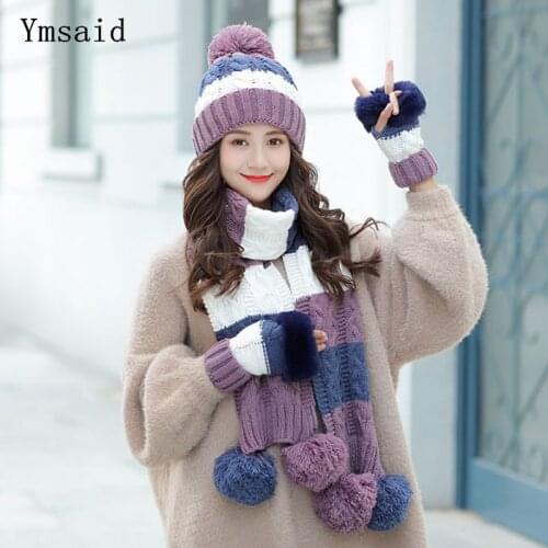 Woman Winter Hats Fashion Woolen Hat Scarf Gloves Set Sweet Girl Hat Scarfs Sets For Female Warm Knitted Hat
