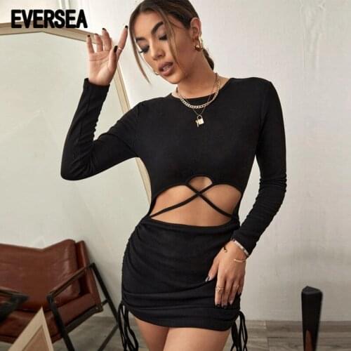 Eversea Lady Cut Out Criss Cross Bodycon Mini Dress Women Kint Autumn Long Sleeve Wrap Sexy Light Women Drawstring One Pieces