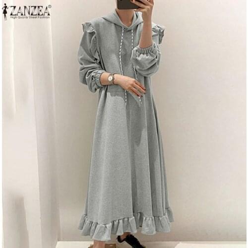 2021 Vintage Women Hooded Dress ZANZEA Autumn Casual Ruffle Maxi Vestidos Long Sundress Female Puff SLeeve Solid Robe