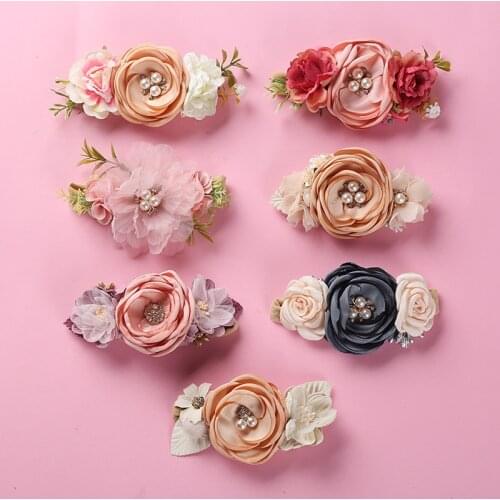14pc/lot Newborn Rhinestone Pearl flower Nylon headbands nylon Baby Vintage Flower headband kids girl elastic Hairbands Headwear
