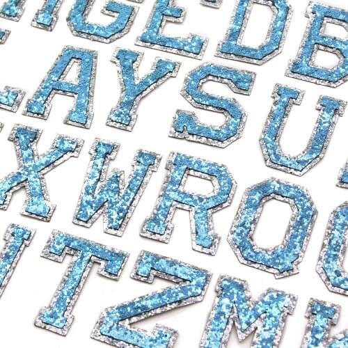 1Pcs Light Blue Glitter Patches A-Z Letter Iron On Patch For Clothes Jeans Sequins Alphabet Letter Patch Appliqued DIY Name 50MM