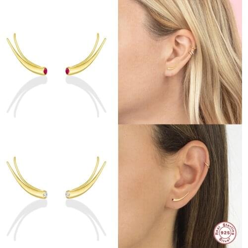 BOAKO 925 Sterling Silver Longhorn-shaped Stud Earrings For Women Green Purple Red Zircon Ear Stud Line Ear Climbers Fine Jewel